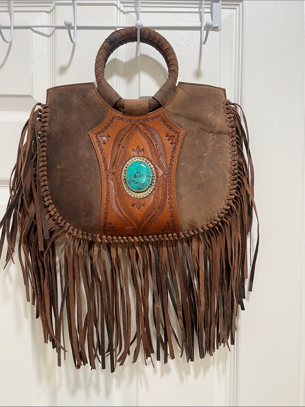 Brown Leather Fringe Shoulder Bag with Turquoise Concho